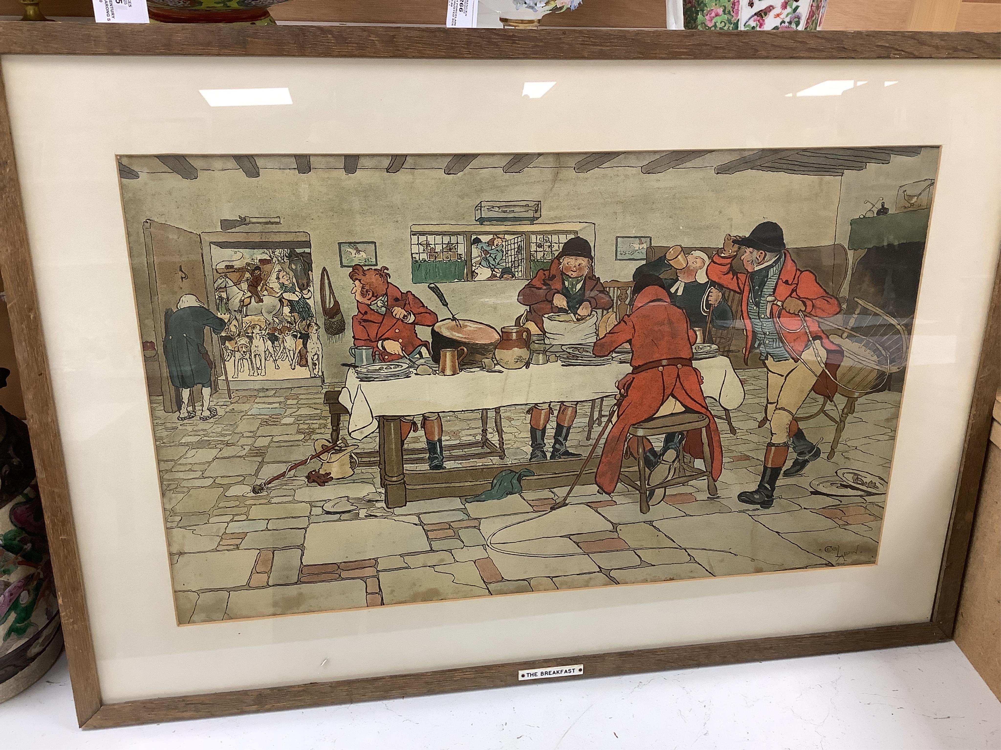After Cecil Aldin (1870-1935), set of six colour hunting interest prints, to include 'Breaking cover', 'The Breakfast' and 'Full Cry', 37 x 60cm